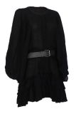 Fashion Elegant Solid Buckle Flounce With Belt O Neck A Line Dresses