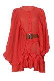 Fashion Elegant Solid Buckle Flounce With Belt O Neck A Line Dresses