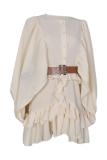 Fashion Elegant Solid Buckle Flounce With Belt O Neck A Line Dresses