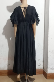 Elegant Solid Frenulum Buckle V Neck A Line Dresses