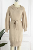 Casual Elegant Solid Buckle With Belt Turtleneck Dresses