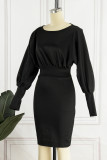Elegant Solid Patchwork Fold O Neck Waist Skirt Dresses