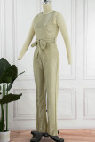 Elegant Solid Sequined With Belt O Neck Straight Jumpsuits