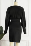 Elegant Solid Patchwork Fold O Neck Waist Skirt Dresses