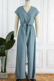 Fashion Street Solid Backless V Neck Loose Jumpsuits
