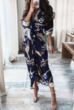 Fashion Street Print Patchwork Turndown Collar A Line Dresses