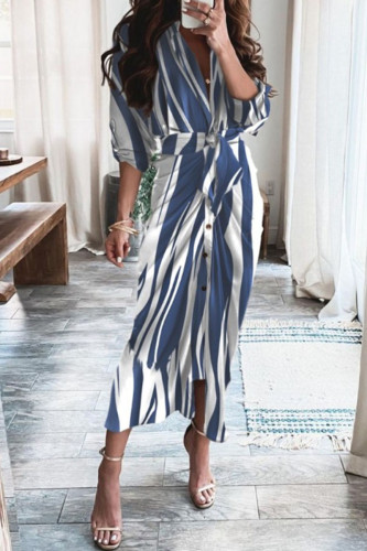 Fashion Street Print Patchwork Turndown Collar A Line Dresses