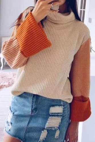 Fashion Casual Solid Patchwork Turtleneck Tops