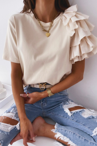 Casual Solid Patchwork Flounce O Neck T-Shirts