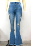 Street Solid Tassel Ripped Make Old Boot Cut High Waist Speaker Solid Color Bottoms