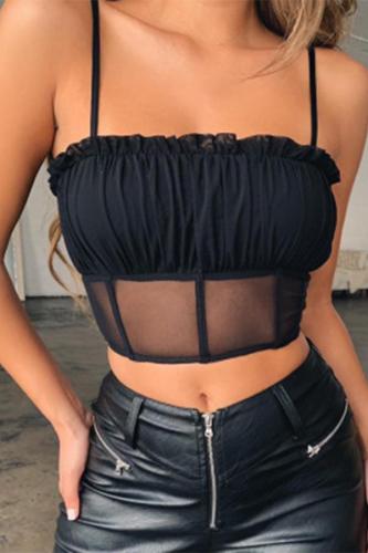 One word collar Sleeveless ruffle Solid perspective Patchwork Mesh Tank Tops & Camis