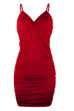 Fashion Sexy Solid Fold V Neck Wrapped Skirt Dresses