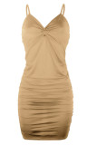Fashion Sexy Solid Fold V Neck Wrapped Skirt Dresses