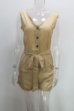Casual Solid Buckle With Belt Straight Rompers