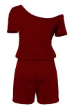 Fashion Casual Solid Draw String Oblique Collar Loose Rompers