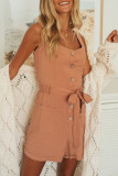 Fashion Casual Solid With Belt Square Collar Straight Rompers
