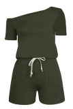 Fashion Casual Solid Draw String Oblique Collar Loose Rompers