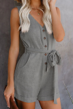 Casual Solid Buckle With Belt Straight Rompers
