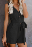 Casual Solid Buckle With Belt Straight Rompers