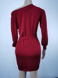 Fashion Elegant Solid Patchwork With Belt Oblique Collar Wrapped Skirt Dresses