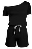 Fashion Casual Solid Draw String Oblique Collar Loose Rompers