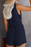 Casual Solid Buckle With Belt Straight Rompers