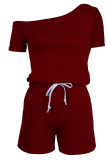 Fashion Casual Solid Draw String Oblique Collar Loose Rompers