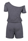 Fashion Casual Solid Draw String Oblique Collar Loose Rompers