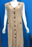 Casual Solid Pocket Buckle Turndown Collar A Line Dresses