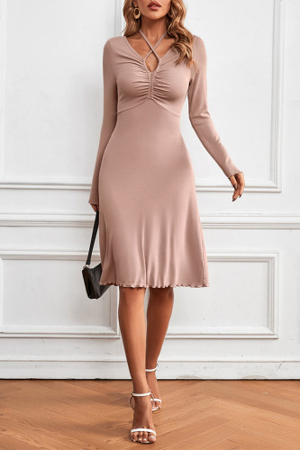 Elegant Solid Bandage Fold V Neck A Line Dresses