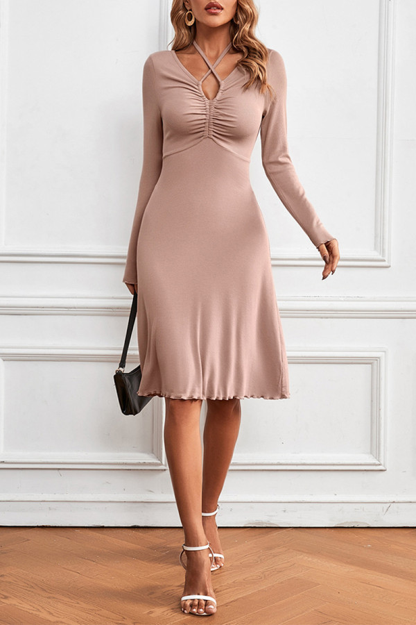 Elegant Solid Bandage Fold V Neck A Line Dresses