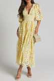 Sexy Solid Lace Embroidered Hollowed Out V Neck A Line Dresses