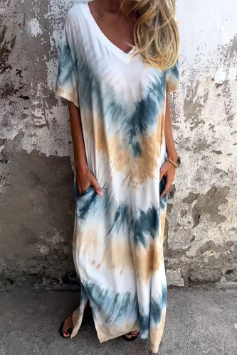 Casual Print Tie Dye Pocket V Neck A Line Short Sleeve Dress