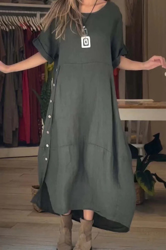Casual Simplicity Solid Buttons O Neck A Line Short Sleeve Dress