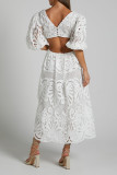 Sexy Solid Lace Embroidered Hollowed Out V Neck A Line Dresses