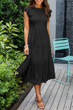 Elegant Solid Fold O Neck A Line Short Sleeve Dress
