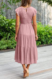 Elegant Solid Fold O Neck A Line Short Sleeve Dress