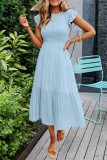 Elegant Solid Fold O Neck A Line Short Sleeve Dress
