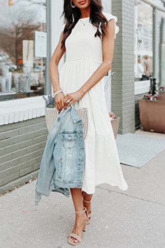 Elegant Solid Fold O Neck A Line Short Sleeve Dress