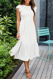 Elegant Solid Fold O Neck A Line Short Sleeve Dress
