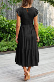 Elegant Solid Fold O Neck A Line Short Sleeve Dress