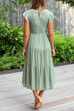 Elegant Solid Fold O Neck A Line Short Sleeve Dress