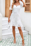 Elegant Solid Lace Hollowed Out Square Collar A Line Dresses