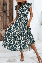 Vintage Elegant Floral Bandage Stringy Selvedge Mandarin Collar Printed Dresses