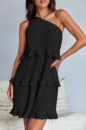 Casual Solid Flounce Oblique Collar Cake Skirt Dresses