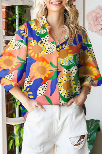 Casual Sweet Floral Turndown Collar Tops