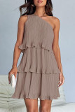 Casual Solid Flounce Oblique Collar Cake Skirt Dresses