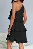 Casual Solid Flounce Oblique Collar Cake Skirt Dresses