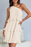 Casual Solid Flounce Oblique Collar Cake Skirt Dresses
