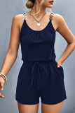Sexy Simplicity Solid Metal Accessories Decoration Fold U Neck Loose Rompers